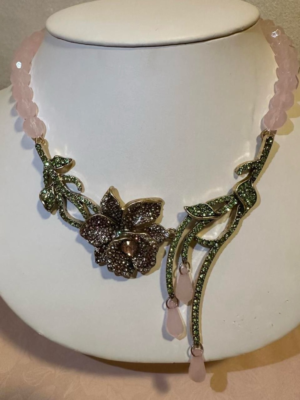 Gold tone Pink and green bead flower vine rhinestone necklace.